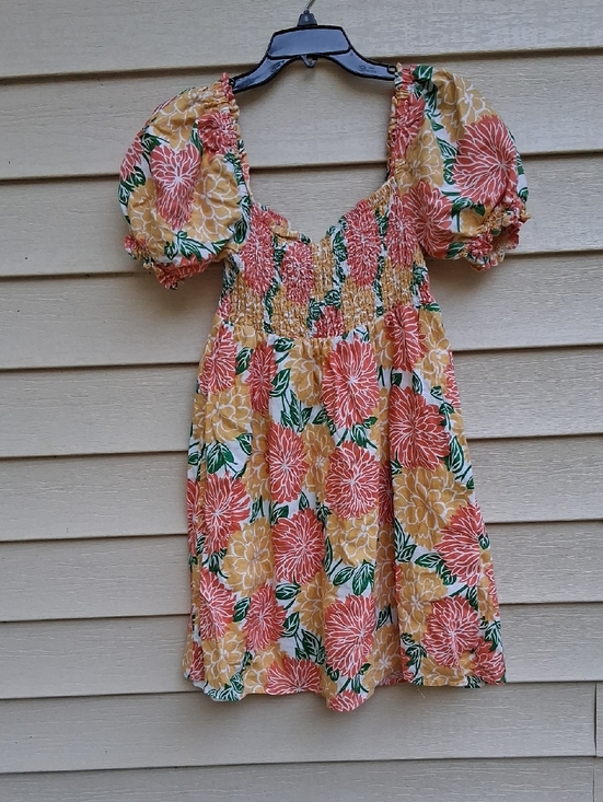 hause of harloo Dresses & Skirts - Smocked Puff-Sleeve Mini Dress - Yellow & Coral Floral 100% Linen Sz ( M )